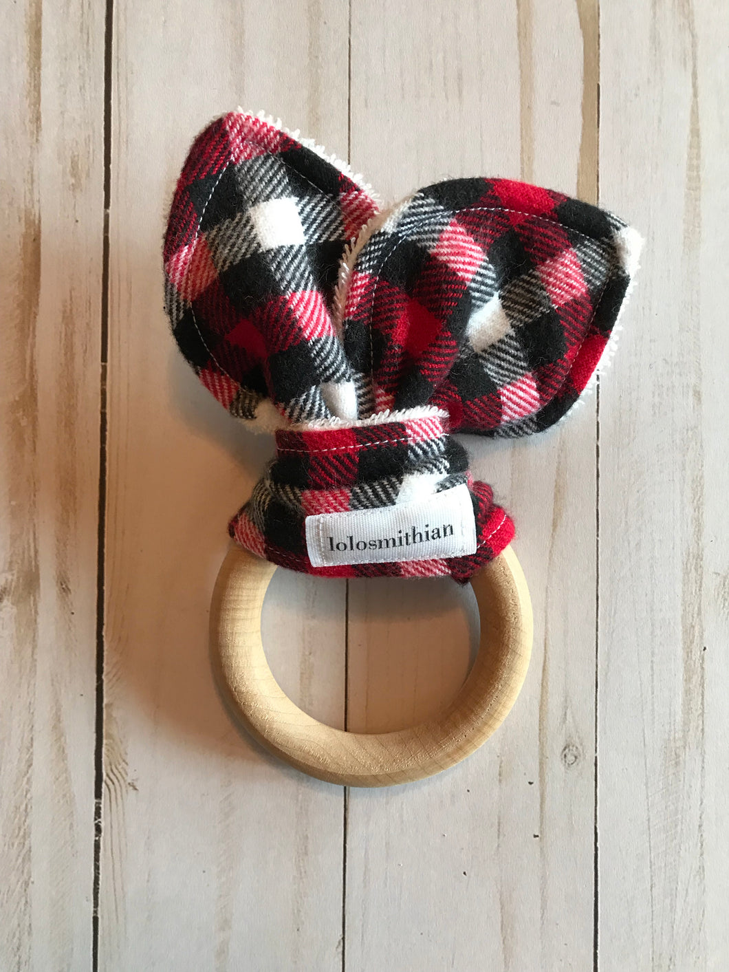 Red, Black & White Plaid Natural Maple Teether