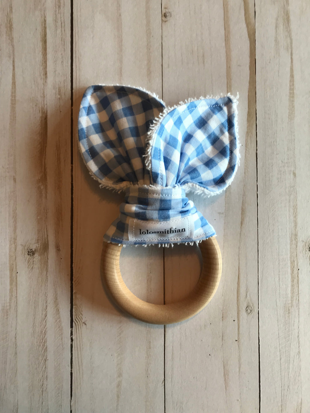 Blue & White Gingham Natural Maple Teether