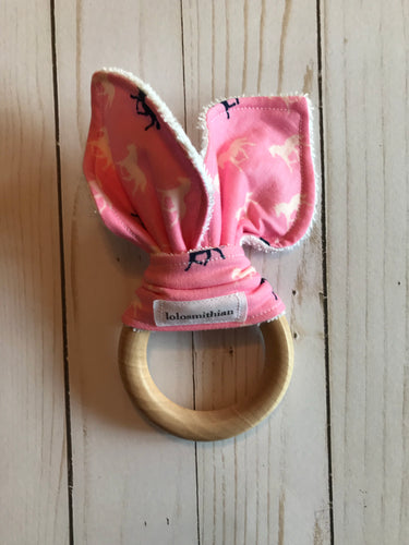 Pink Horses Natural Maple Teether